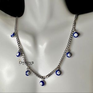 Blue Evil Eye Necklace Stainless Steel 16" cuban chain protection boho fashion🧿